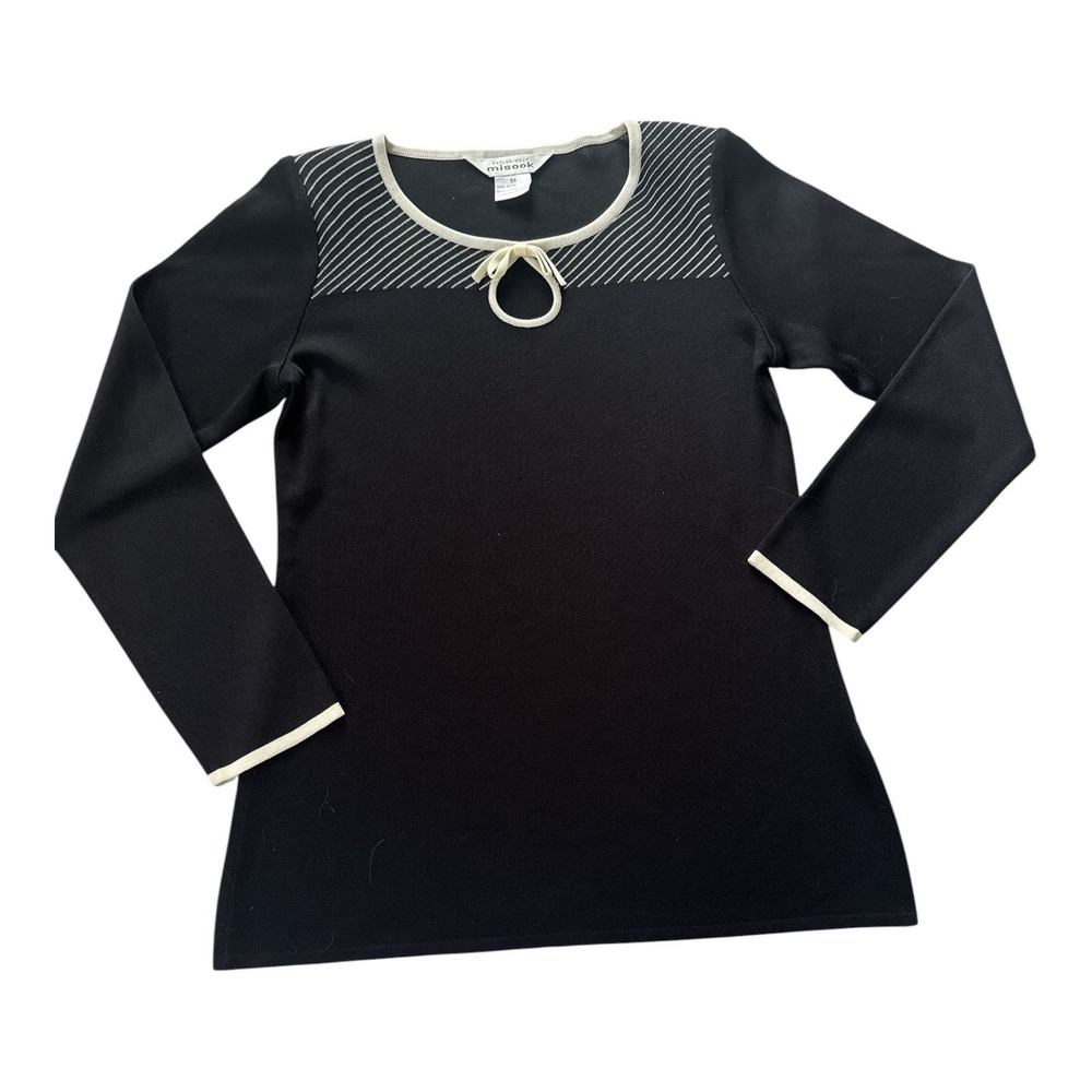 Exclusively Misook Black Knit Tunic Top XS Ivory Striped Trim Keyhole Bow Detail